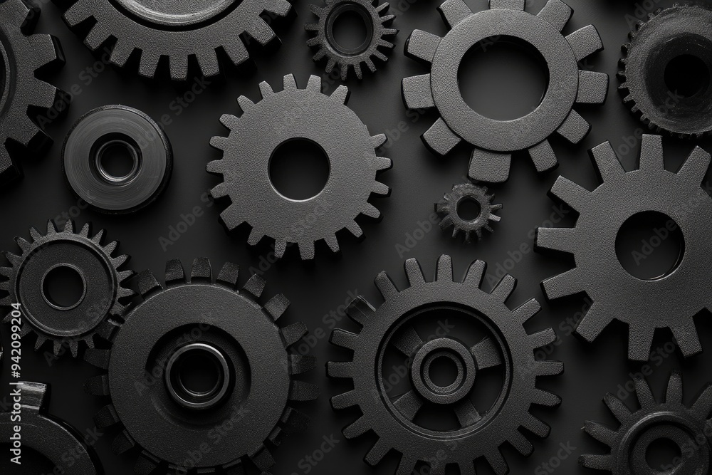 Poster Retro black and white background of industrial cogs or gears with movement