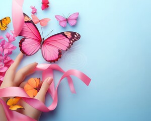 Pink Butterflies  Flowers and Ribbon on Light Blue Background