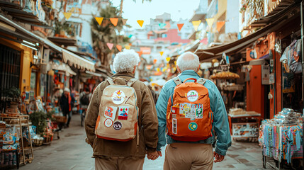 Obraz premium Two elderly people walking down a street with backpacks