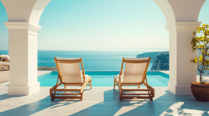 Obraz premium Relaxing sun loungers by the infinity pool overlooking the serene blue ocean on a sunny day in a coastal paradise