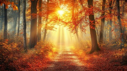 Fototapeta premium Golden Rays Illuminating the Autumn Path, Digital Painting, Forest, Sunbeams, Fall Foliage, Autumn, Nature