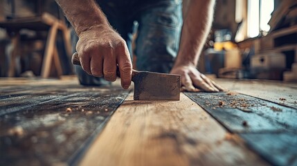 A carpenter's hand is using a tool to smooth out a wooden surface. This image can be used for projects related to woodworking, carpentry, craftsmanship, and DIY.