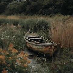 Obraz premium A weathered boat rests in a tranquil, overgrown waterway surrounded by lush vegetation.