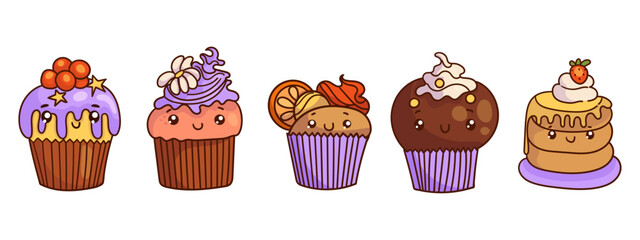 Set of cute sweet icons in kawaii style with smiling face for sweet design. Ice cream, cake, sundae kids, coffee, cupcake, fruit cocktail.