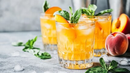 Fototapeta premium Refreshing Peach Basil Cocktail in a Cut Glass, Summer Drink, Peach Recipes, Basil Garnish, Iced Beverage