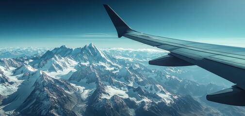 airplane wing in flight, with snow-capped mountains below