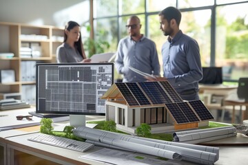 Architects and designers collaborate on a sustainable solar-powered building model. Detailed blueprints and innovative design projects are showcased, focusing on eco-friendly construction.