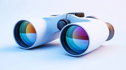 White Binoculars with Lens Reflections on a White Background, Binocular, Optics, Vision