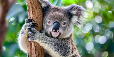 Obraz premium Curious koala climbing a tree with green forest background in Australia