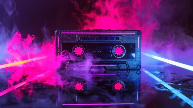 Retro cassette tape stands on a mirror field surrounded by neon lights and colorful smoke. The von Dark, emphasizing bright neon colors.