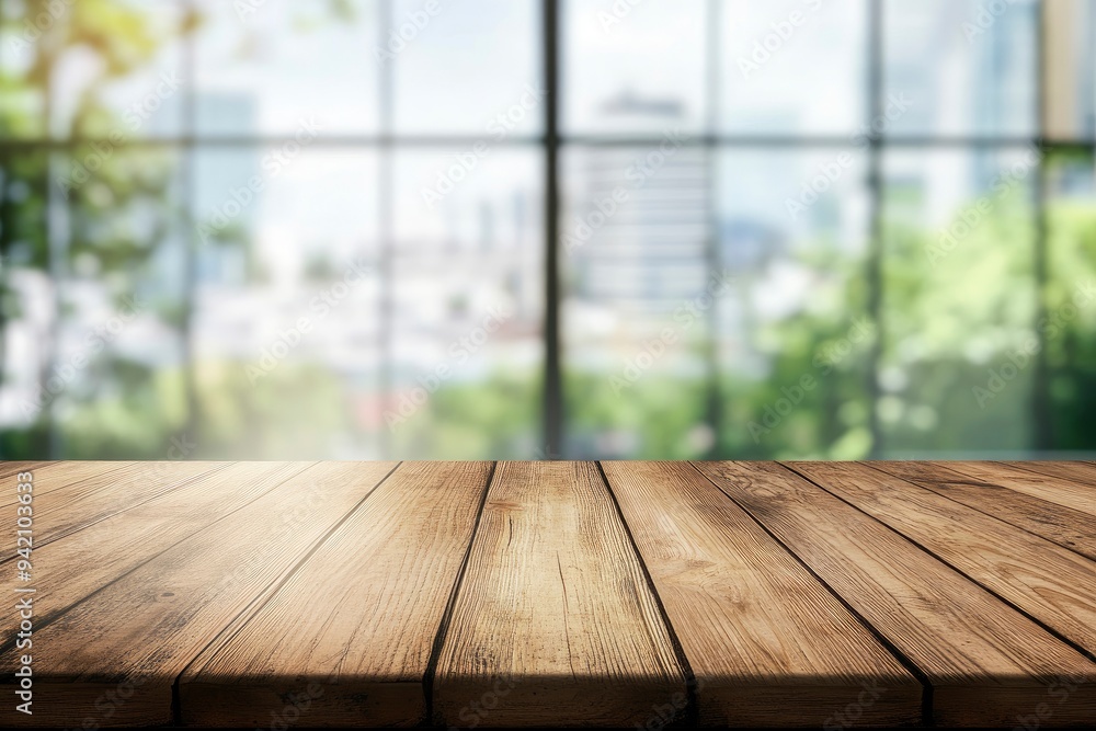 Wall mural Empty wood table top and blur glass window wall building banner background with generative ai