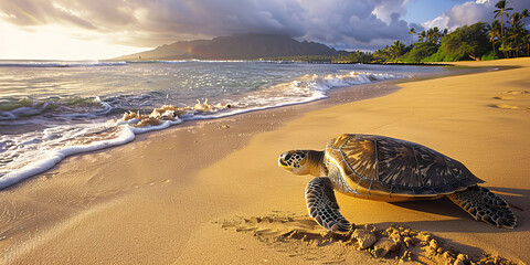 Sea turtle on sandy beach at sunset