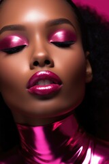 Fototapeta premium Portrait closeup of beautiful black woman. Girl with stylish makeup. Metallic pink eyeshadows and lips.