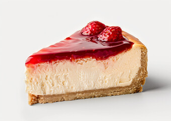 Slice of cheesecake with raspberry topping on white background