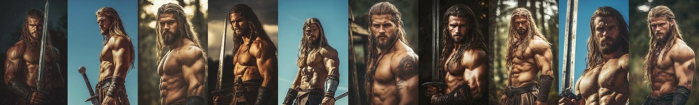 Mega collection of handsome viking men with strong muscles and long blond hair in a Celtic Nordic style. 