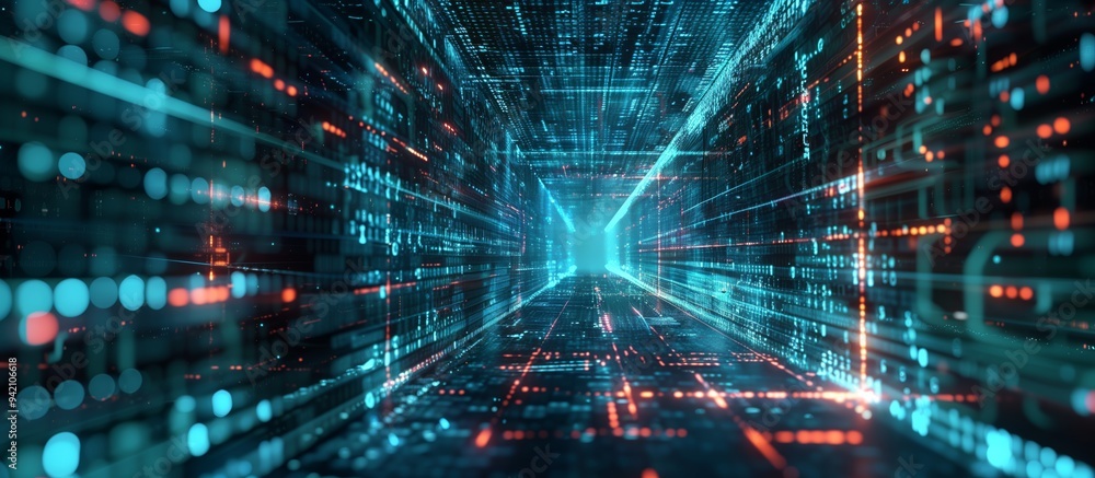 Poster vivid futuristic depiction of a digital data highway with blue and red lights symbolizing fast trans