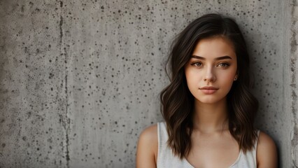 Fototapeta premium Pretty brunette young woman on the background of a concrete wall. Generative AI
