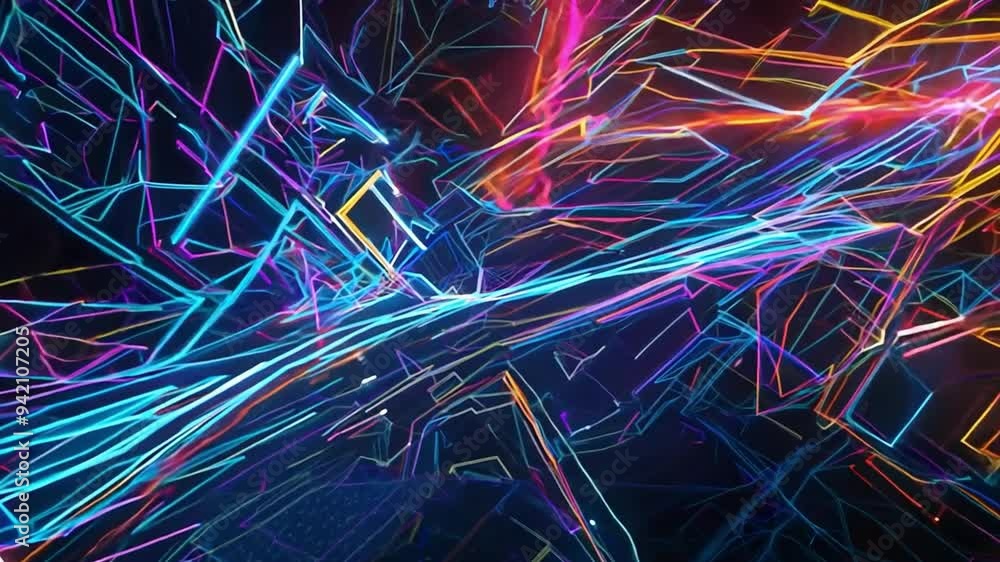 Poster colorful neon lines and geometric shapes create a stunning digital display with pulsating light effe