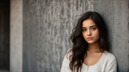 Fototapeta premium Pretty brunette young woman on the background of a concrete wall. Generative AI