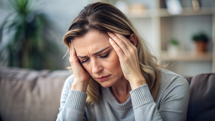 A woman suffering from a headache holds her head, showing signs of pain and discomfort."