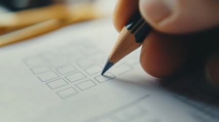 A close-up of a hand holding a sharpened pencil, poised above a sheet of paper with empty boxes, indicating a task or checklist