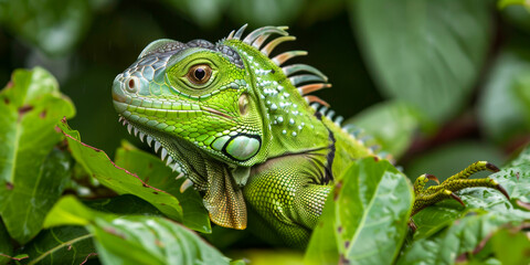 Fototapeta premium Close-up of green iguana head and scales amidst lush green leaves in tropical rainforest
