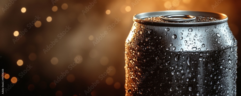 Poster close-up of a chilled aluminum beer can covered in condensation, set against a warm bokeh background
