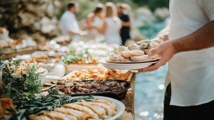 An outdoor buffet setup showcases a variety of dishes being served amidst a picturesque setting with nature in the background, capturing the essence of communal dining and festivity.