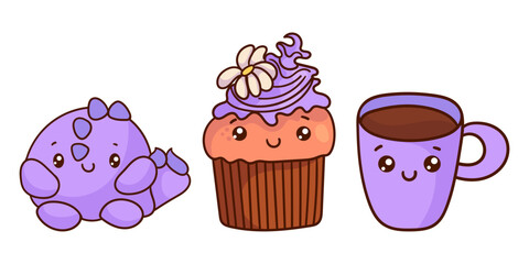 Set of cute sweet icons in kawaii style with smiling face for sweet design. Ice cream, cake, sundae kids, coffee, cupcake, fruit cocktail.