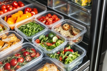 Obraz premium A colorful assortment of fresh vegetables and prepared meals organized in clear containers inside a well-stocked refrigerator