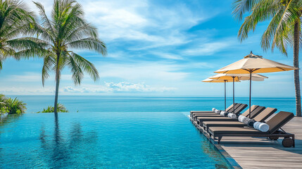 Obraz premium Serene beachfront infinity pool with palm trees and sun loungers under a clear blue sky during a sunny day