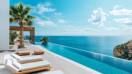Obraz premium Serene coastal retreat featuring an infinity pool with ocean views and lounge chairs under a clear blue sky in a tropical paradise