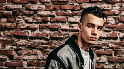Obraz premium Young man on the background of a brick wall. Generative AI