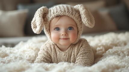 Adorable baby girl with blue eyes wearing a knitted bunny hat and outfit, lying on a fluffy blanket.