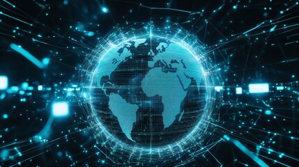 Obraz premium A digital representation of the Earth surrounded by glowing data lines, symbolizing connectivity and technology in a global network