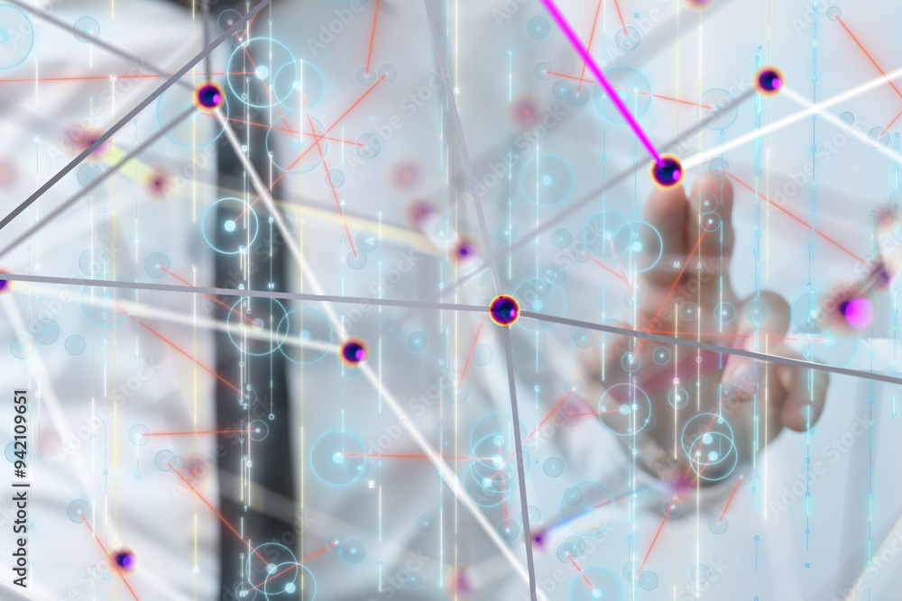 Poster Neural network 3D illustration. Big data and cybersecurity - 3d