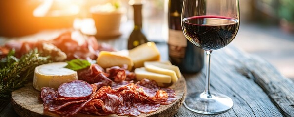 Close-up of a glass of red wine with assorted cheeses and charcuterie on a rustic wooden table outdoors