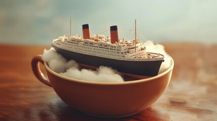 Miniature Ship in a Teacup: A tiny model of a vintage ocean liner, resting on a cloud of cotton in a vintage ceramic teacup, evokes a sense of wonder and the vastness of the sea, all in miniature.  