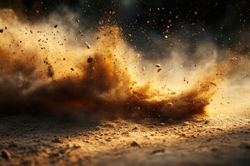 Dust cloud explodes on dirt. This photo captures the chaotic moment of impact, ideal for illustrating a powerful or destructive event.