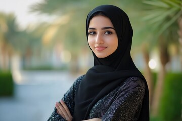 Happy Emarati women wearing Abaya doing cross arm looking far. UAE girl in Hijab hair veil as part of cultural outfit with generative ai
