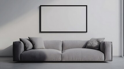 A minimalist living area with a sleek gray sofa and an oversized empty black frame on a white wall.