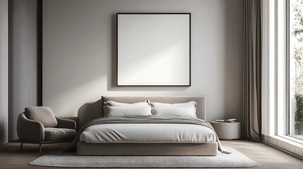 A modern bedroom with a king-sized bed, minimalist decor, and an empty frame on the wall.