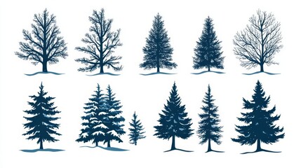 Obraz premium A set of snowcovered trees, evergreen silhouettes with snowladen branches, wintery and peaceful, flat , isolated on white background