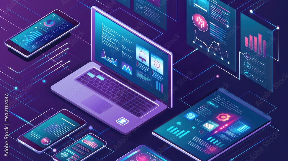 Poster digital technology and data visualization: an illustration of modern technology and data analytics