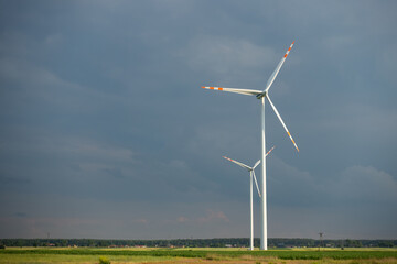 Distant white wind turbines against a dramatic cloudy sky. Meadow in the foreground, taken late afternoon