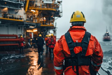 Fototapeta premium A worker in safety gear looks out at a storm. This photo represents the harsh conditions often faced by offshore workers.