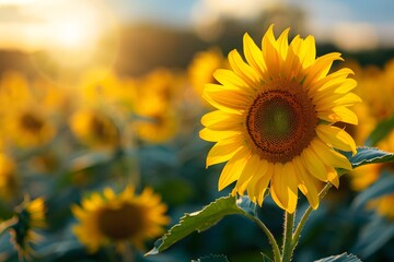 Fototapeta premium Vibrant Sunflower in a Golden Field at Sunset