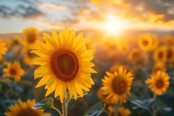 Obraz premium Radiant Sunflowers Bathed in Golden Sunset Light