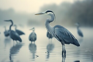 Naklejka premium Serene Herons in a Misty Wetland Landscape