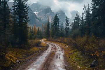 Serene Mountain Road Surrounded by Lush Forest and Misty Peaks